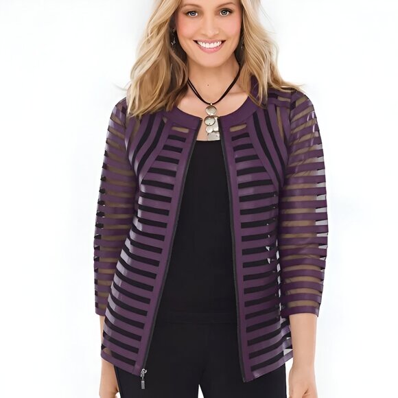 Chicos Travelers Purple Faux Leather Black Mesh Structured Dress Blazer Jacket L - Picture 1 of 9